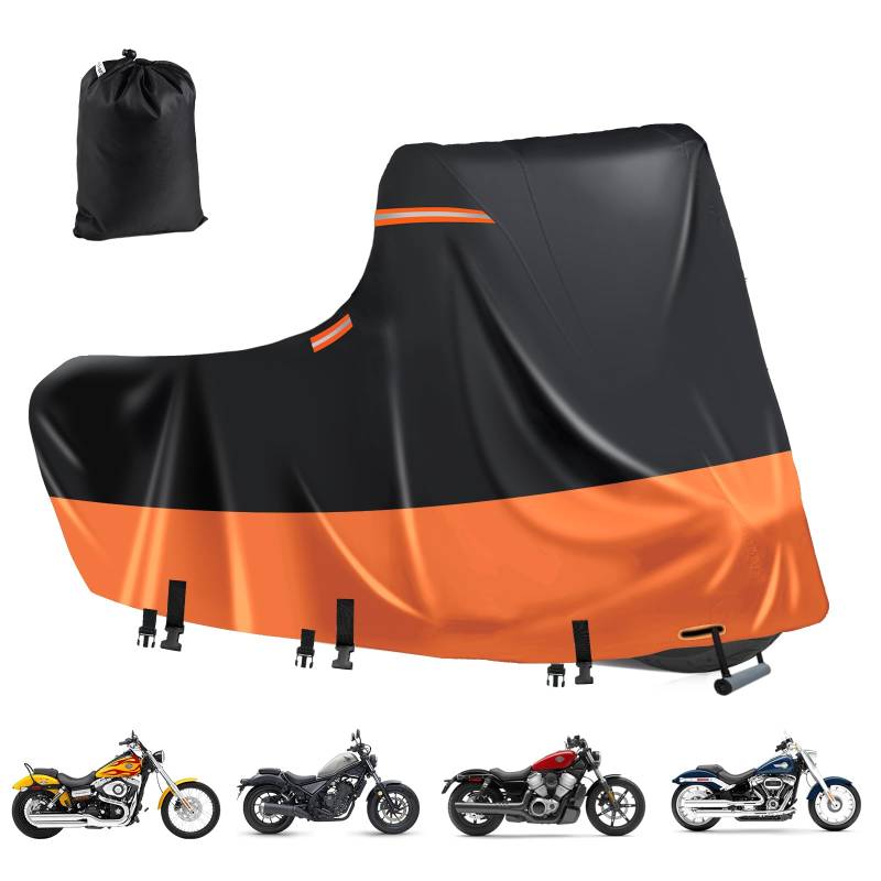 Motorradplane Outdoor Wasserdicht,600D Motorroller Abdeckung mit 5 Reflektierende Streifen,2 öFfnung zur BelüFtung,Roller Abdeckplane,Motorradplane Wasserdicht (2XL 245x110x140cm Schwarz-Orange) von DOCEPERT