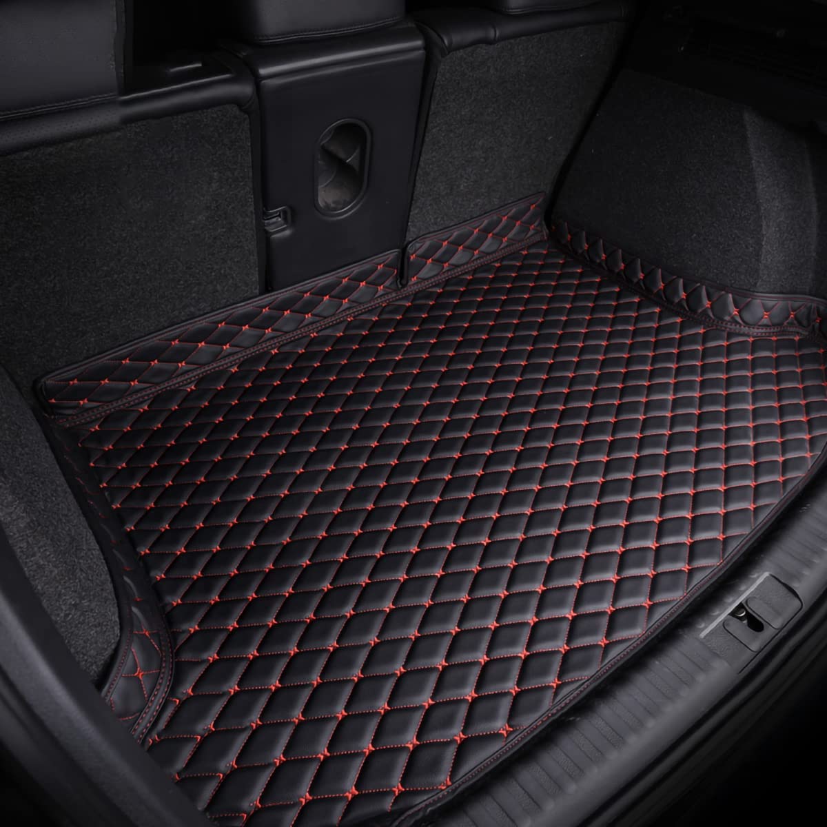 Auto Leder Kofferraummatte für K-IA EV6, Antirutschmatte Wasserdicht Kratzfeste Kofferraumwanne Kofferraumschutz,Black-Red-Plus von DOUII