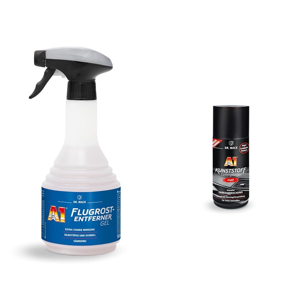 Dr. Wack – A1 Flugrost-Entferner Gel 500 ml, Premium Auto-Reiniger & A1 Kunststoff Tiefenpfleger matt 250 ml von DR. WACK