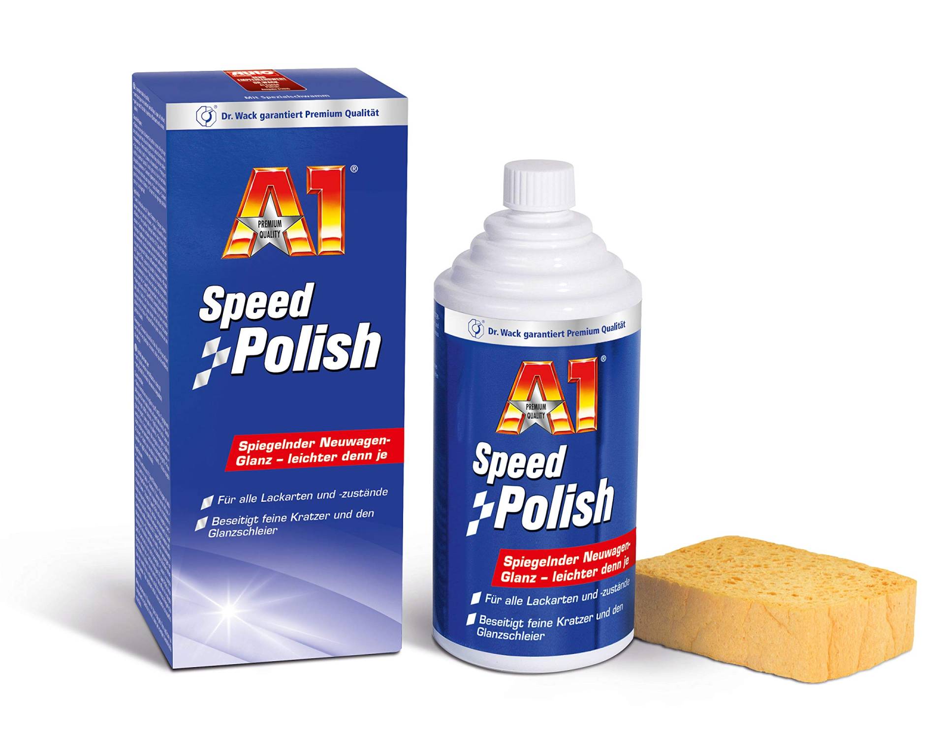 Dr. Wack – A1 Speed Polish 500 ml inkl. Spezial-Schwamm I Premium Auto-Politur mit Carnauba-Wachs I Langanhaltender Schutz & Glanz I Für alle Lacke geeignet I Hochwertige Autopflege – Made in Germany von DR. WACK