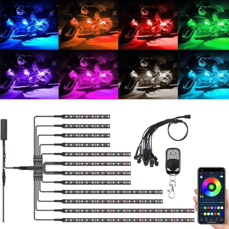 12PCS Streifenlicht Set für Motorräder Wasserdicht RGB Neon Akzentlichter Bodeneffekt Atmosphärenlicht DC 12V mit APP und RF-Fernbedienung Kompatibel für Harley Honda Kawasaki Yamaha Motorräder von DREAMIZER