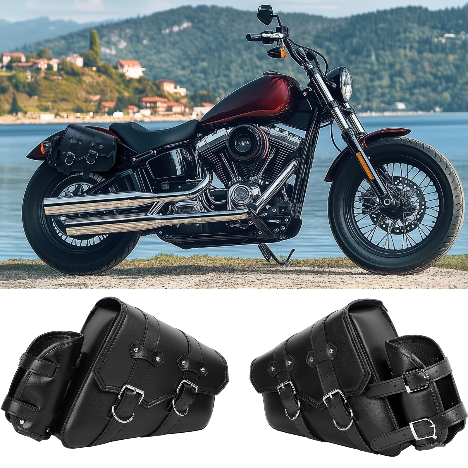 DREAMIZER 1 Paar Motorrad Satteltaschen Schwarz Seitliche Aufbewahrung Links und Rechts Getränkehalter PU-Leder Motorradtasche Kompatibel für Harley Sportster XL883 Softail Dyna V-Star Shadow von DREAMIZER