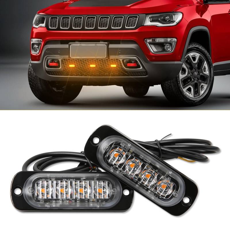 DREAMIZER 4X 4 LED Frontblitzer Bernstein Warnleuchte Blitzer Lampe 12/24V Superhell Warnlicht Stroboskoplicht Blinklichter 18 Blitzmodi Notfall Licht für Truck LKW Auto Emergency Gabelstapler IP67 von DREAMIZER