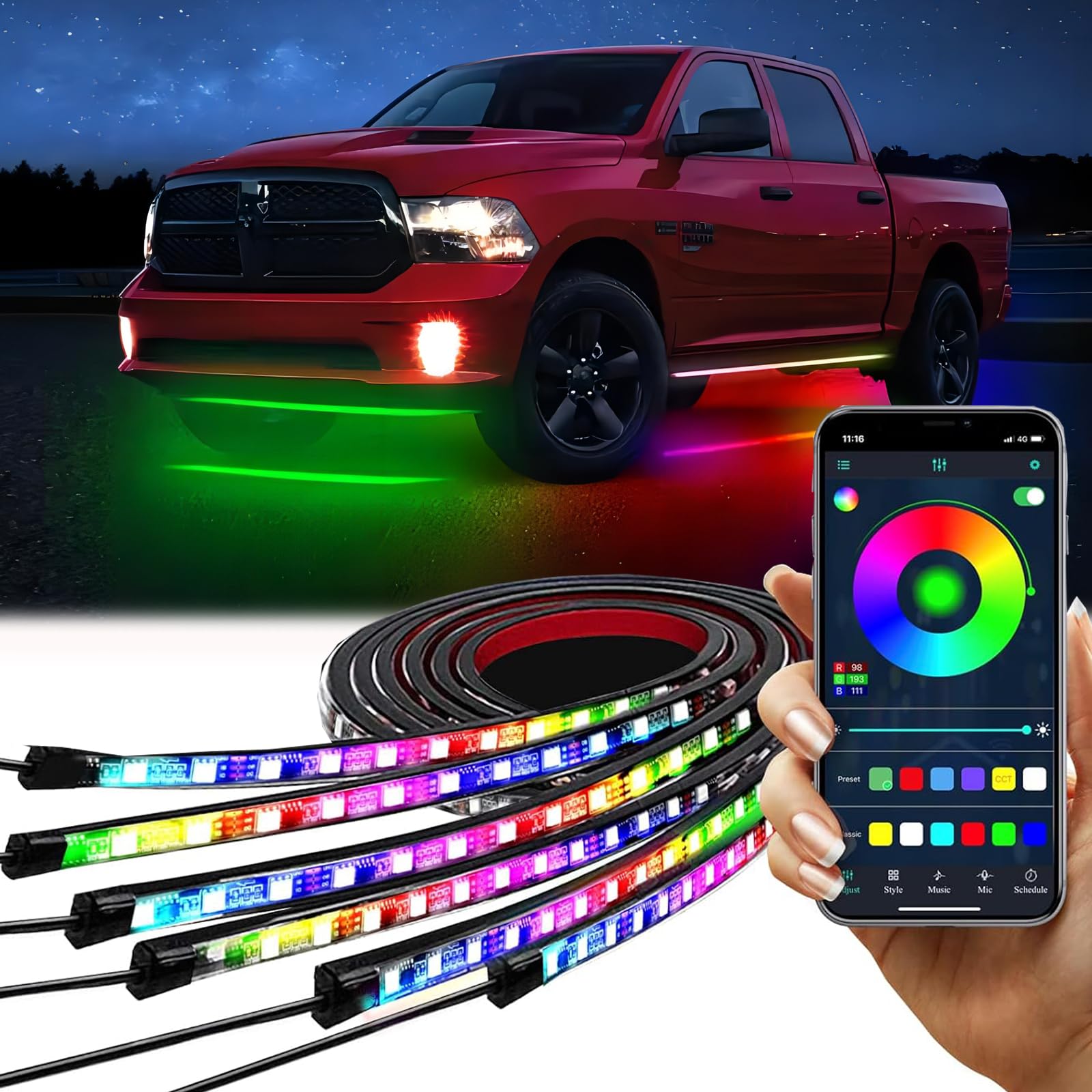 6Pcs Unterbodenbeleuchtung Auto, Mehrfarbiges Auto Unterglow Streifen Beleuchtungsset mit APP und Fernbedienung Atmosphere Beleuchtungs Kit(150cm x 2+60cm x 4) von DREAMIZER