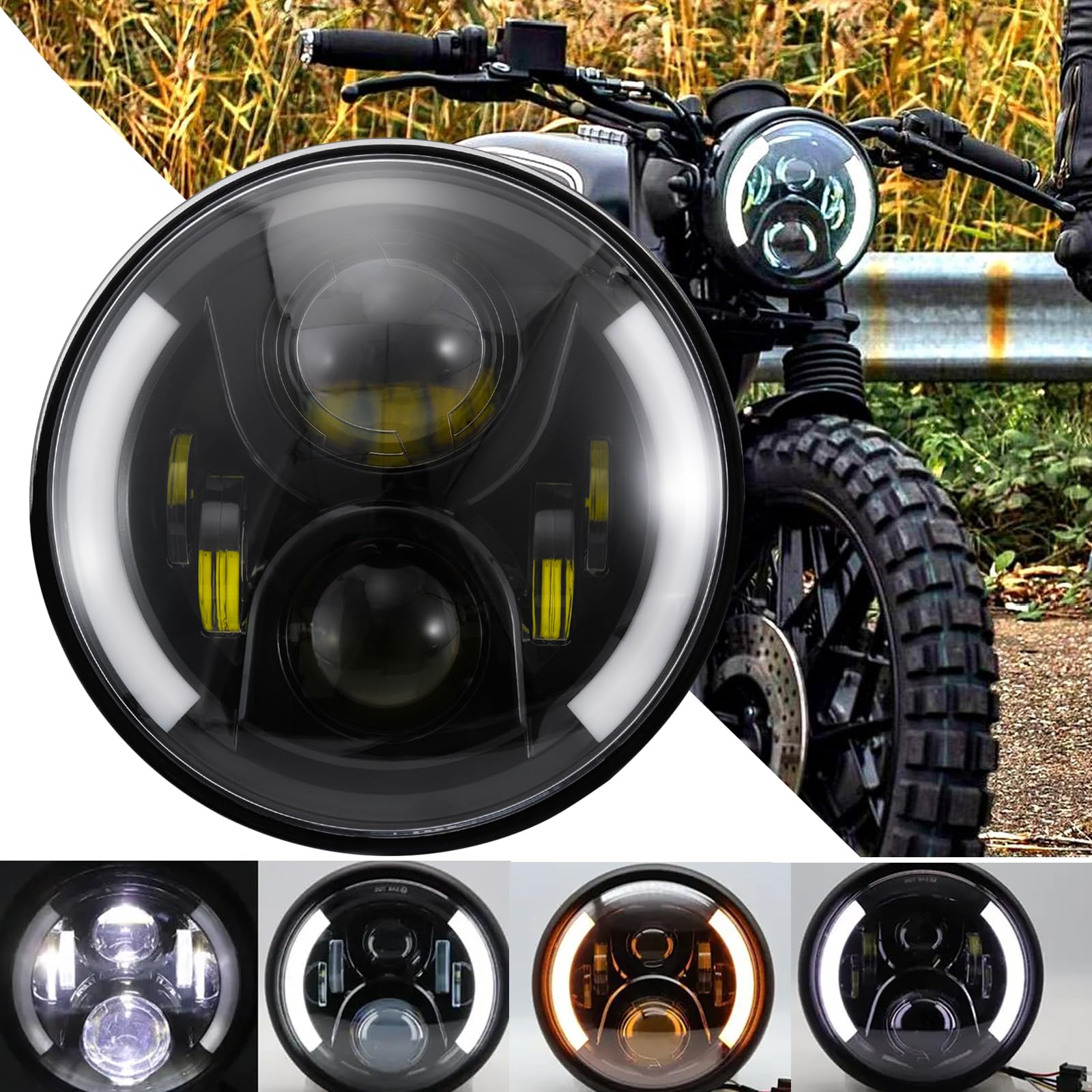 DREAMIZER 7 Zoll LED Motorrad Scheinwerfer E-geprüft mit weißem Tagfahrlicht Angel Eye Bernstein Blinker Kompatibel mit Harley Road King Street Glide Softail Electra Glide J-eep Wrangler JK TJ von DREAMIZER