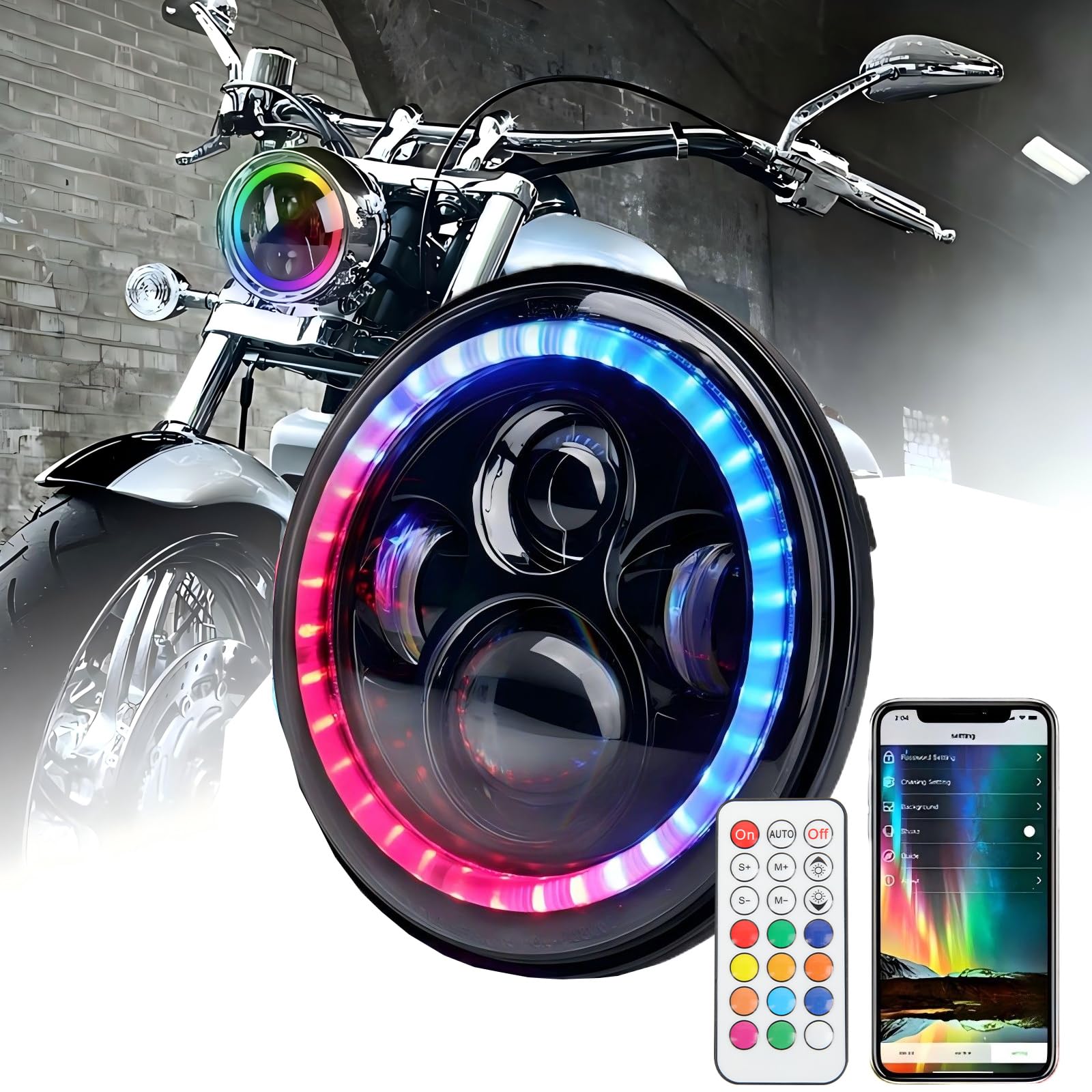 DREAMIZER 7‘’ LED Scheinwerfer Motorrad RGB mit APP und Fernbedienung mit Tanzendem Halo Ring und Bernsteinfarbenem Blinker Kompatibel mit Harley Road King Street Electra Glide J-eep Wrangler JK TJ von DREAMIZER