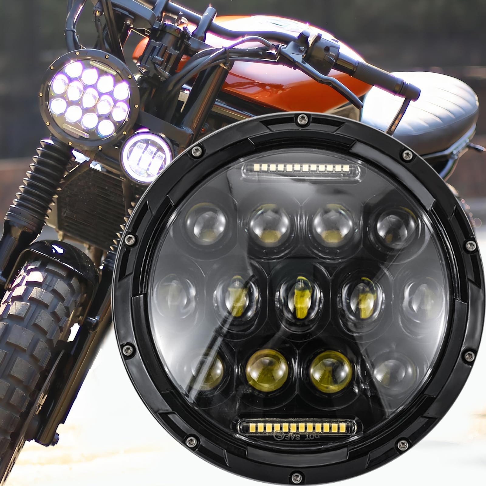 DREAMIZER 7 Zoll Motorrad LED Scheinwerfer E-geprüft mit weißem Tagfahrlicht Angel Eye Bernstein Blinker Kompatibel mit Harley Road King Street Glide Softail Electra Glide J-eep Wrangler JK TJ von DREAMIZER