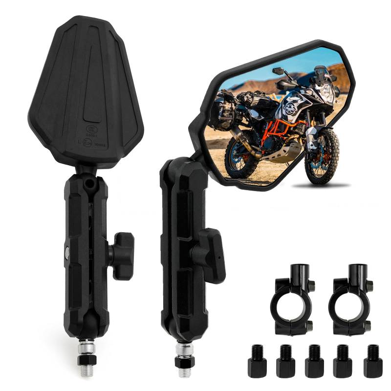 DREAMIZER Adventure Motorradspiegel, E24 Universal 8mm 10mm Motorrad Seitenspiegel, 22mm 7/8" Lenker Rückspiegel Kompatibel mit RZR YFZ 390 790 890 adv YFZ TRX90 ATV Quad Enduro Dirt Bike Schneemobil von DREAMIZER