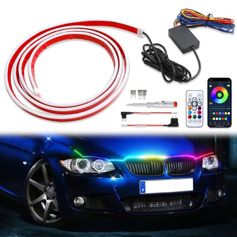 DREAMIZER Auto tagfahrlicht, 12V 150cm Bunt Auto Motorhaube Ambientebeleuchtung, 16 Millionen Farben Flexibler wasserdichter LED Tagfahrlicht für Autos, SUVs, LKWs (APP und Fernbedienung) von DREAMIZER