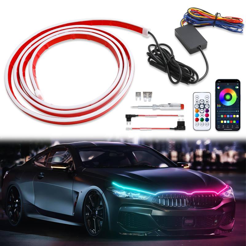 DREAMIZER Auto tagfahrlicht, 12V 180cm Bunt Auto Motorhaube Ambientebeleuchtung, 16 Millionen Farben Flexibler wasserdichter LED Tagfahrlicht für Autos, SUVs, LKWs (APP und Fernbedienung) von DREAMIZER