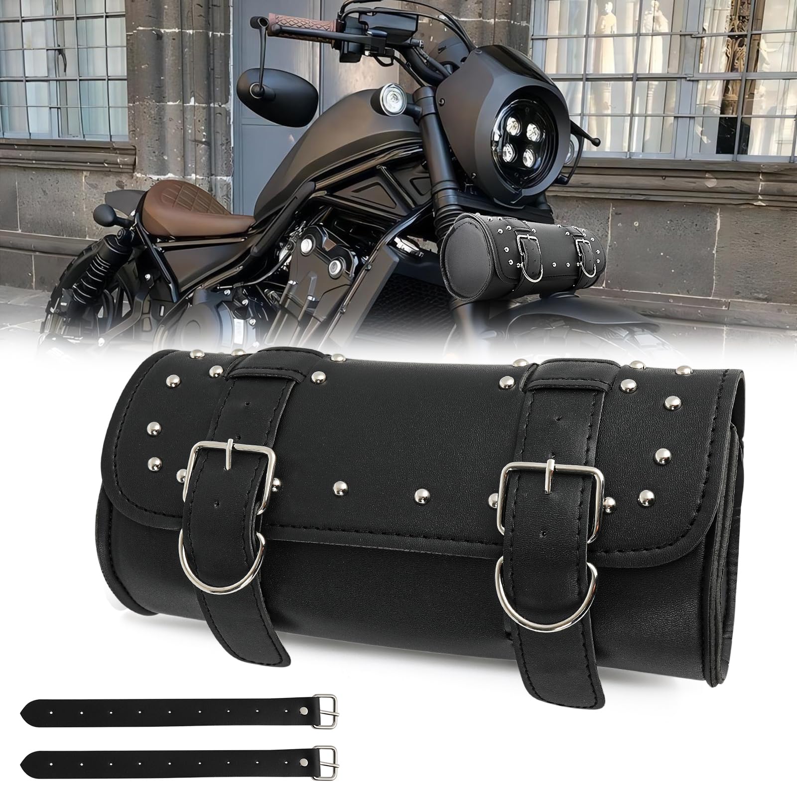 DREAMIZER Motorrad Satteltasche, Retro PU Leder Motorradwerkzeugrolle, Schwarz lenkertasche Motorrad, Universal werkzeugrolle Motorrad gepäckrolle Motorrad für Bobber Cruiser Chopper von DREAMIZER