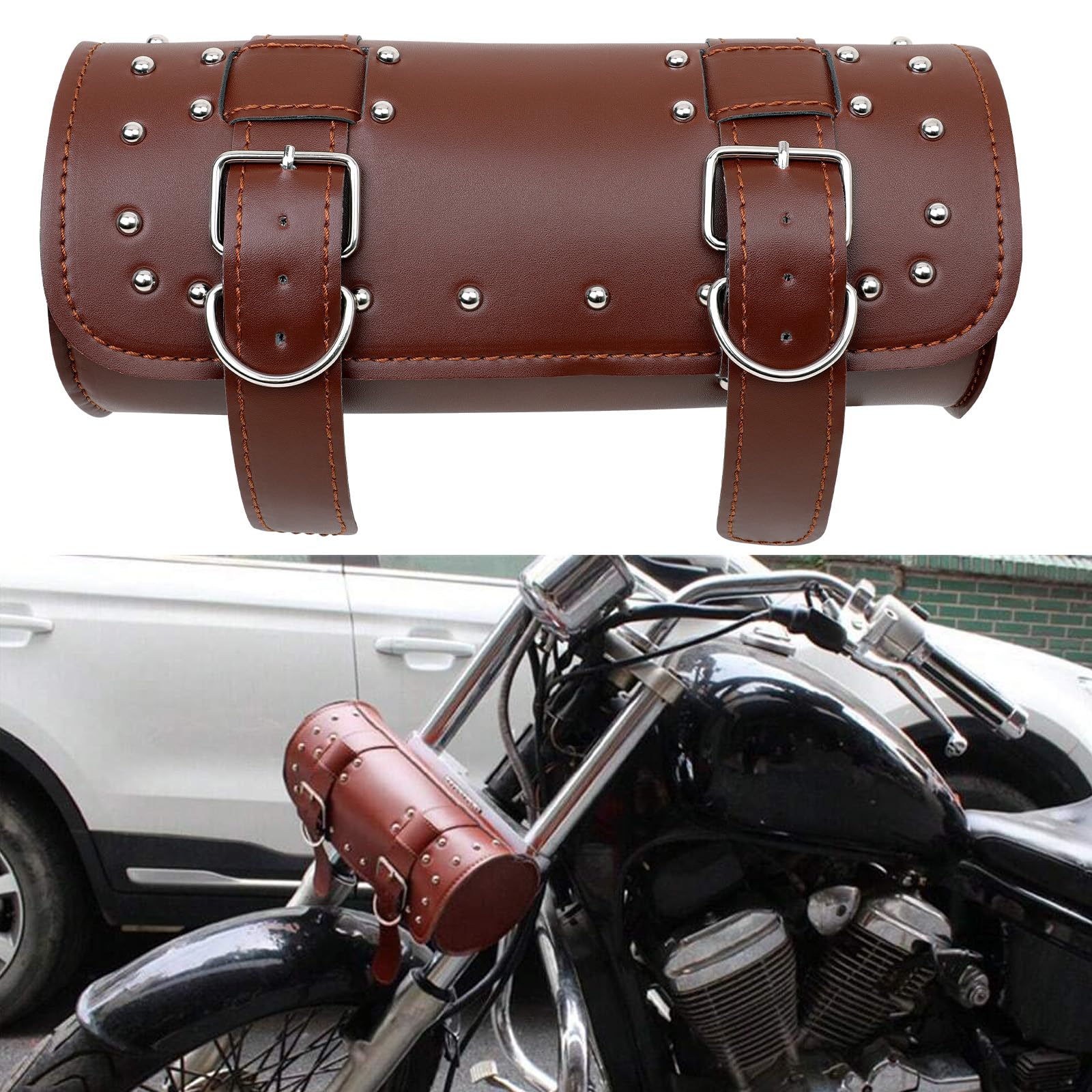 DREAMIZER Motorrad Tasche Universelle Motorrad Satteltaschen PU-Leder Motorradtaschen Wasserdicht Motorrad Werkzeugtasche für Motorrad Fahrrad mit 2 Befestigungsgurten, Braun von DREAMIZER