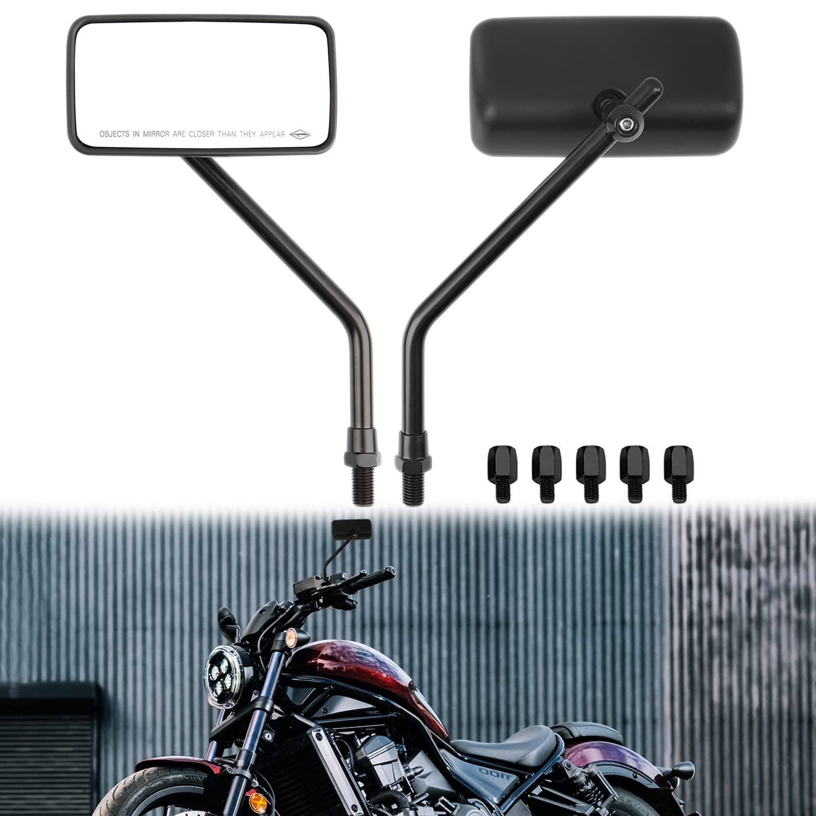 Schwarz Motorrad Lenker Spiegel, M8 M10 Rückspiegel moto mit Packung Schraube für Scooter Street Bike Cruiser Chopper Sport Bike ATV von DREAMIZER