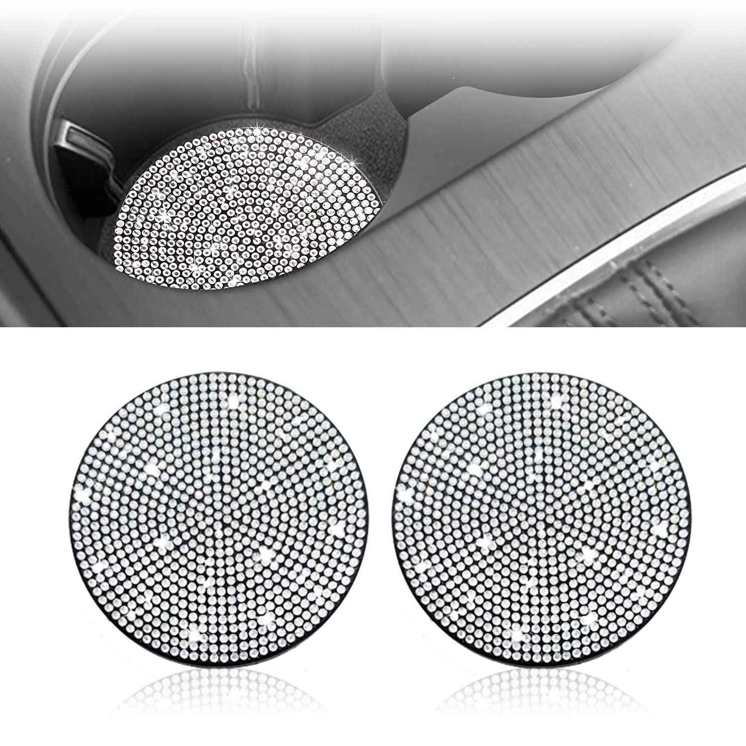 DRERIO 2 Stück Bling Auto Untersetzer Auto Tassenhalter Untersetzer Glitter Auto Untersetzer Tasse Matten 6.9cm Kristall Autozubehör Bling Autozubehör für Damen Mädchen Auto Home Office(Silber) von DRERIO