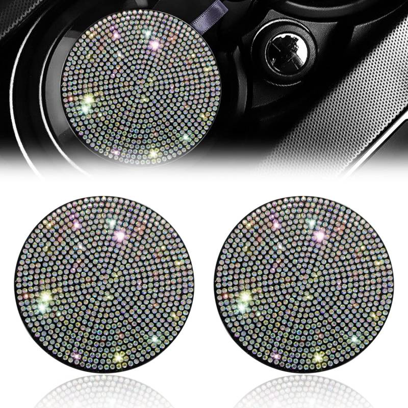 DRERIO 2 Stück Bling Auto Untersetzer Auto Tassenhalter Untersetzer Glitter Auto Untersetzer Tasse Matten 6.9cm Kristall Autozubehör Bling Autozubehör für Damen Mädchen Auto Zuhause Büro (A-B Farbe) von DRERIO