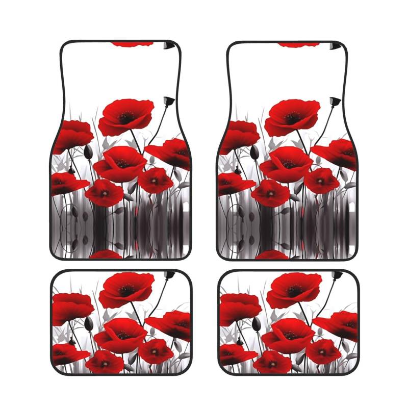 Red Poppy Flower Auto Fußmatten Set von 4 Stück - Staubdicht Schmutzabweisend Auto Innenraum dekorative Matten rutschfeste Matten für Auto Bodenschutz von DRGFCXE