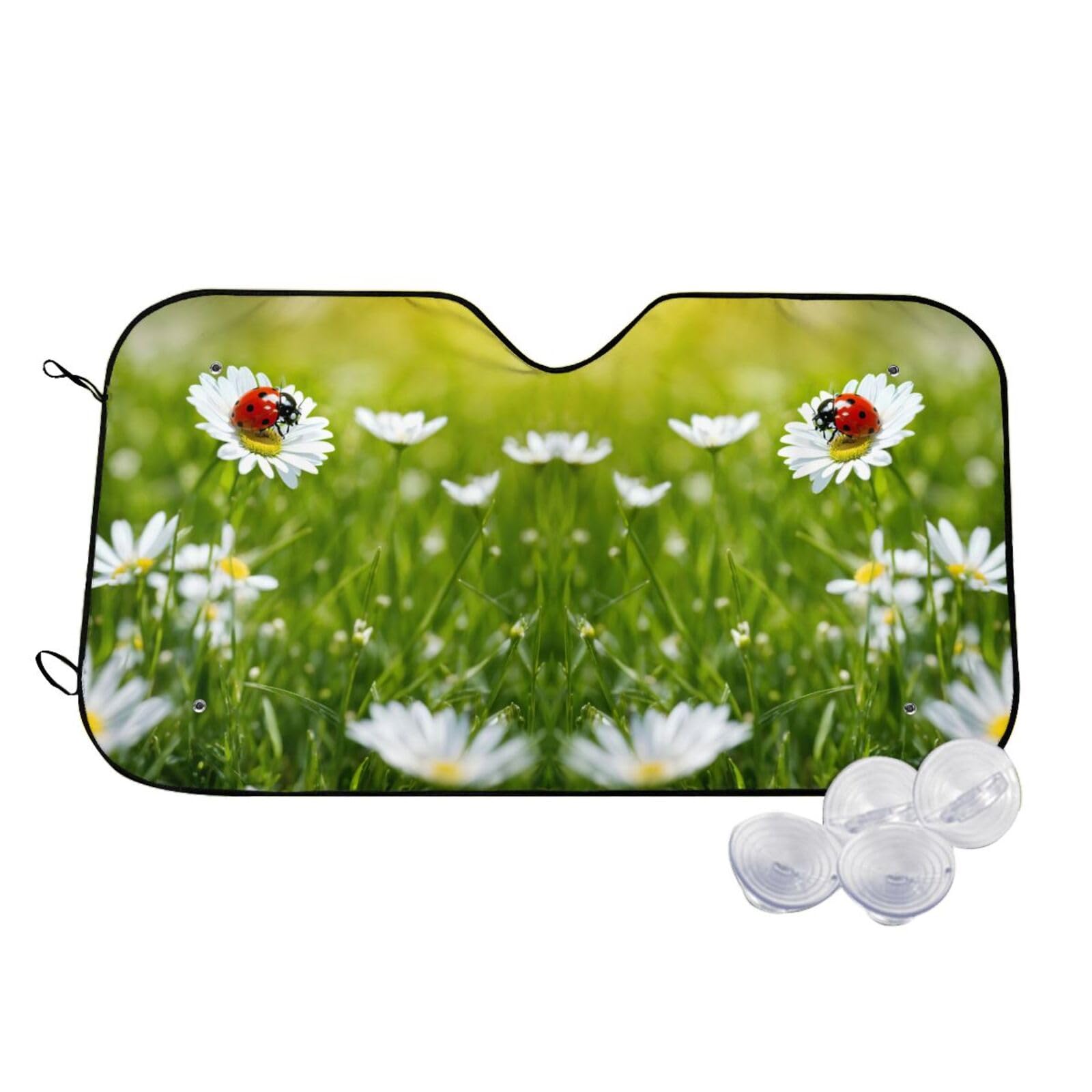 DSSLLY Ladybug Sonnenschutz für die Windschutzscheibe mit Gänseblümchen-Druck, hitzebeständig, UV-Sonnenschutz, Größe S, M, Universal-Sonnenschutz, mittelgroß, Weiß von DSSLLY