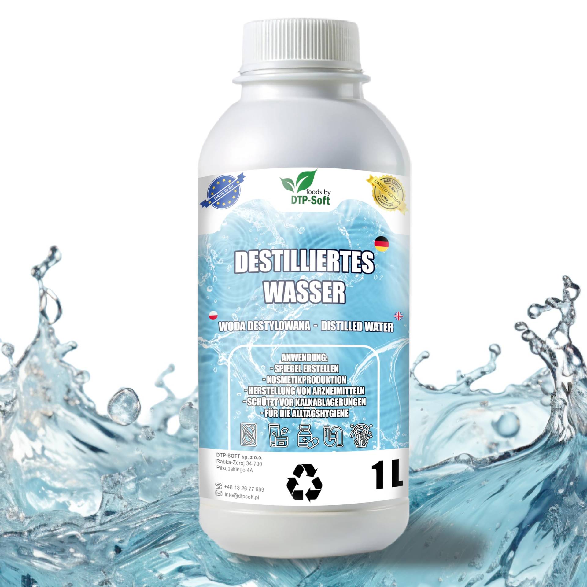 1L destilliertes Wasser 100% reines | Demineralisiertes Wasser 1000 ML - destilliertes Wasser geeignet für Bügeleisen, Luftbefeuchter, Batterien und vieles mehr von DTP-SOFT