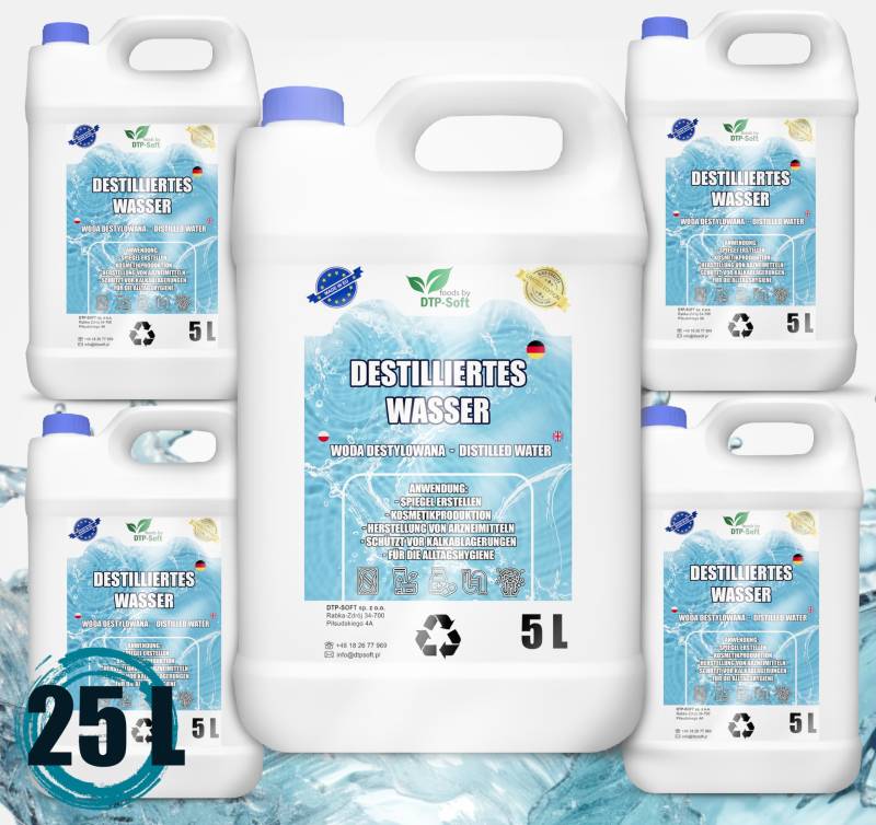 25 Liter destilliertes Wasser 100% reines | Demineralisiertes Wasser 5x5L - destilliertes Wasser geeignet für Bügeleisen, Luftbefeuchter, Batterien und vieles mehr von DTP-SOFT