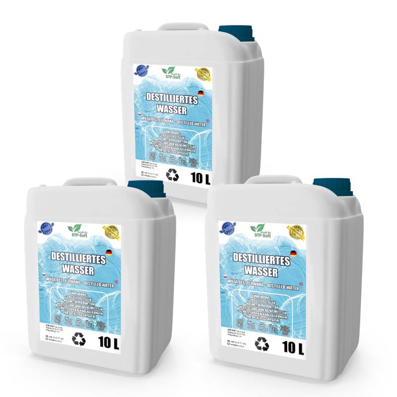 30 Liter destilliertes Wasser 100% reines | Demineralisiertes Wasser 3x10L - destilliertes Wasser geeignet für Bügeleisen, Luftbefeuchter, Batterien und vieles mehr von DTP-SOFT