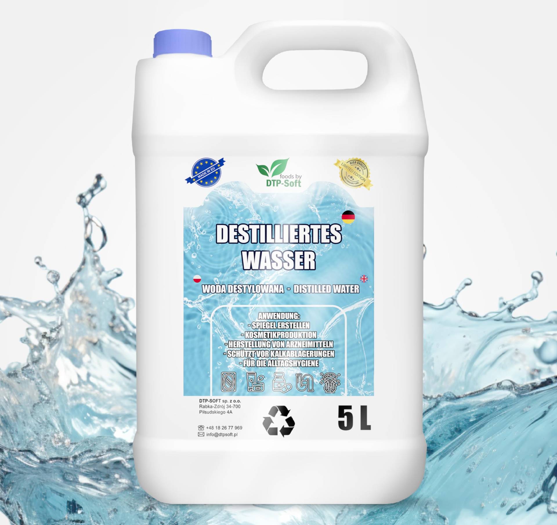 5L destilliertes Wasser 100% reines | Demineralisiertes Wasser 5 Liter - destilliertes Wasser geeignet für Bügeleisen, Luftbefeuchter, Batterien und vieles mehr von DTP-SOFT