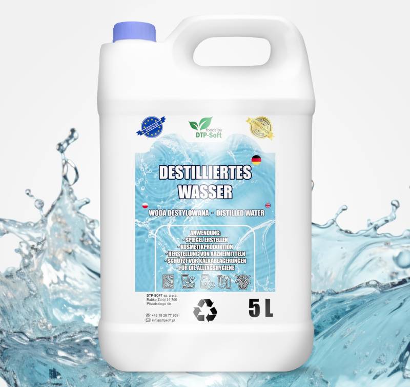 5L destilliertes Wasser 100% reines | Demineralisiertes Wasser 5 Liter - destilliertes Wasser geeignet für Bügeleisen, Luftbefeuchter, Batterien und vieles mehr von DTP-SOFT