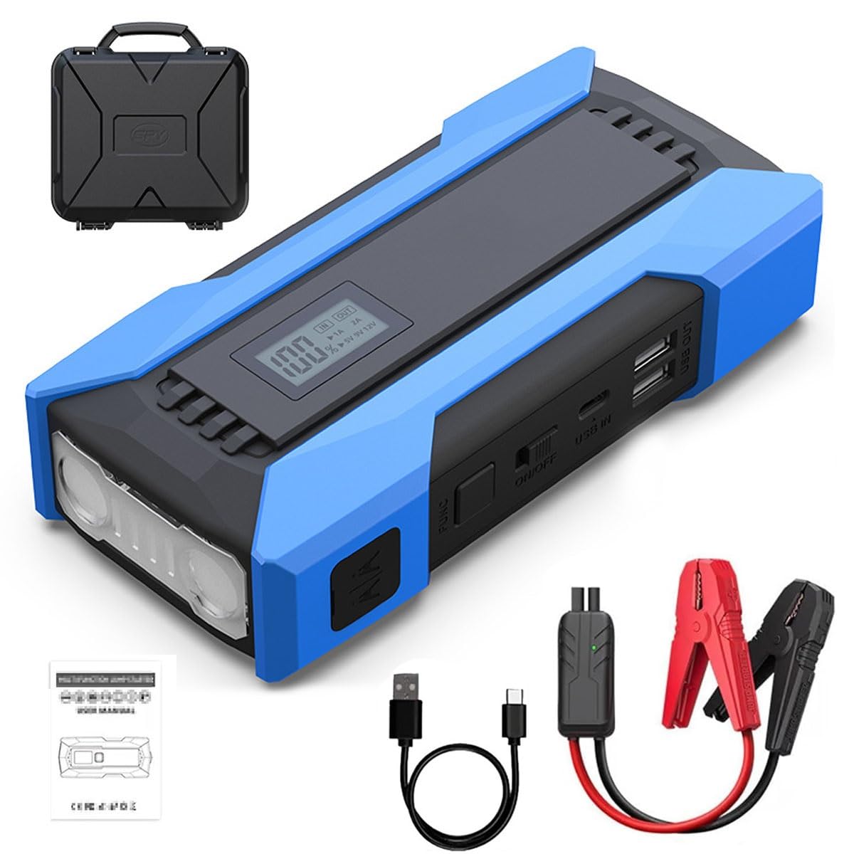 Peak Starthilfe mit Force-Start-Funktion, Auto-Starthilfe mit Luftkompressor, Autobatterie-Ladegerät-Starthilfe, Autobatterie-Starthilfe mit Booster-Funktion mit LED-Licht(Blauw) von DTWEFF