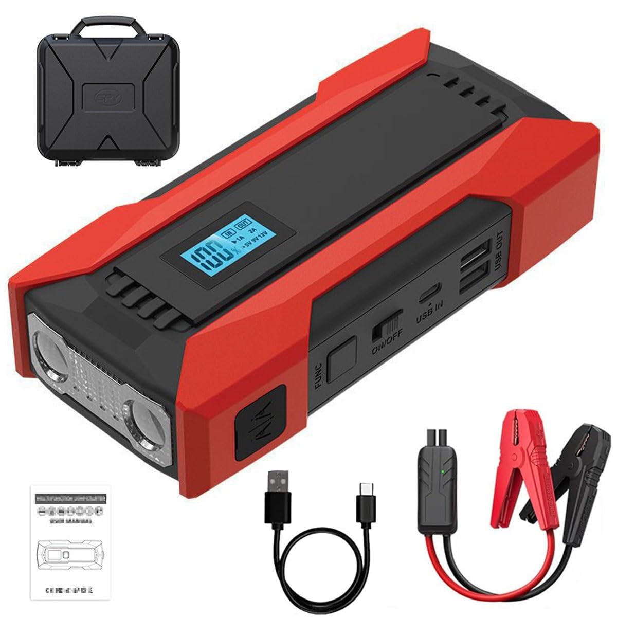 Peak Starthilfe mit Force-Start-Funktion, Auto-Starthilfe mit Luftkompressor, Autobatterie-Ladegerät-Starthilfe, Autobatterie-Starthilfe mit Booster-Funktion mit LED-Licht(Red) von DTWEFF