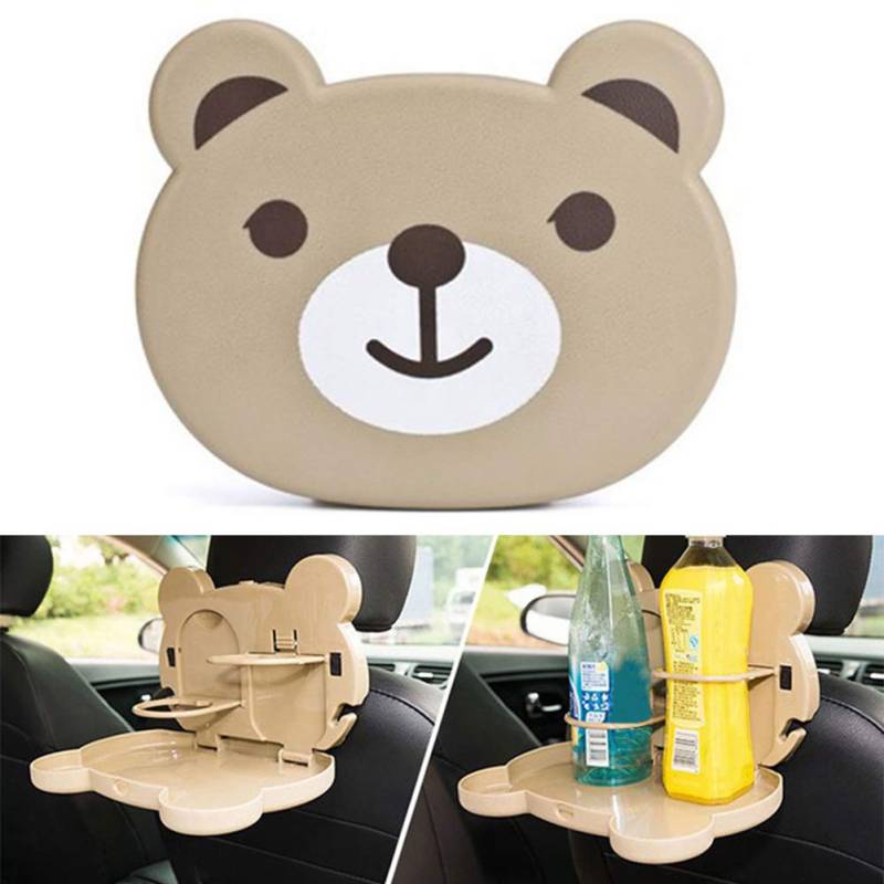 DUBENS Autorücksitz Tisch Becherhalter, Kinder Ausklappbar für Getränke und Mahlzeiten im Auto, Cartoon Ausklappbarem Esstisch, Rücksitz Einhängen Getränkehalter Organizer (Beige Bär) von DUBENS