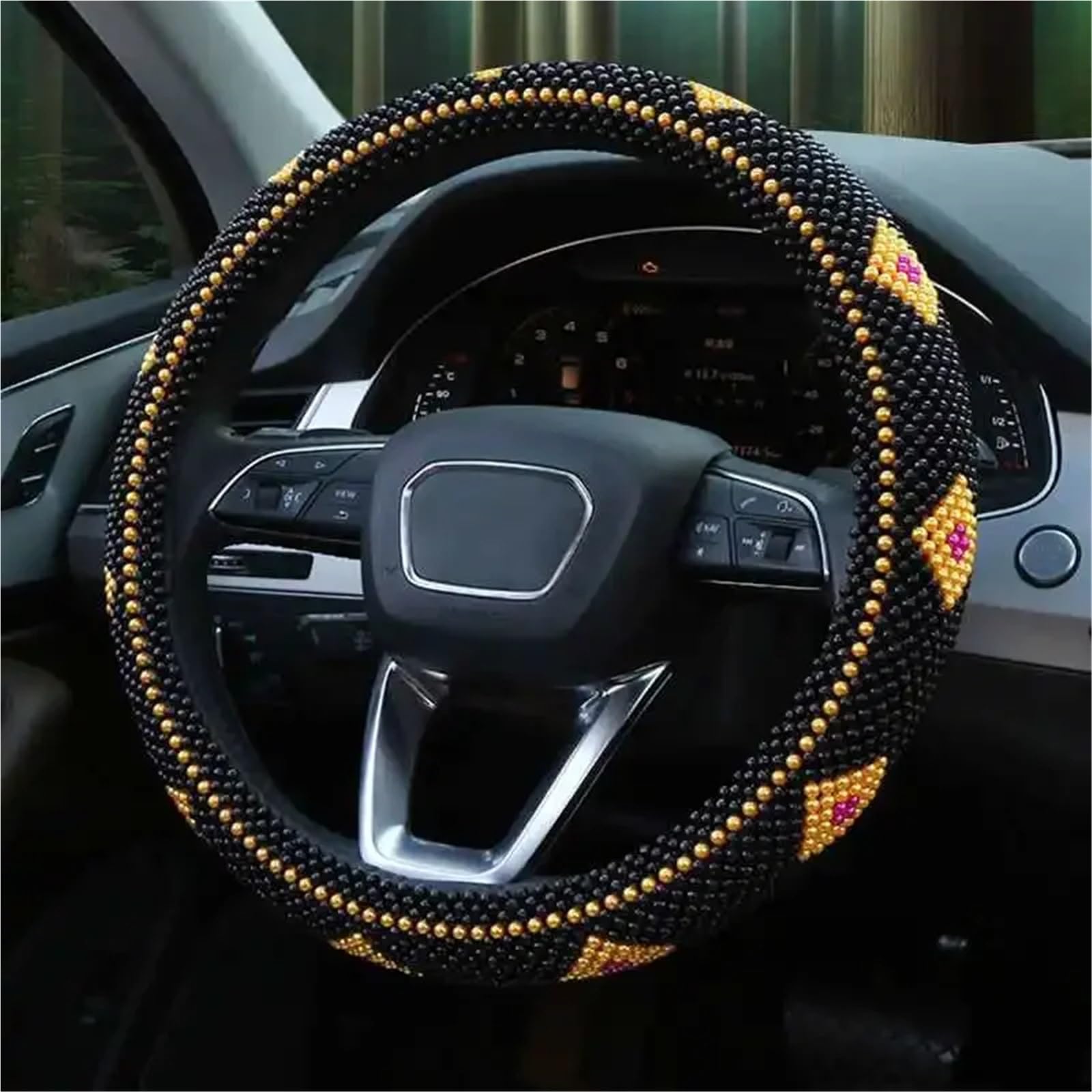 Auto-Lenkradabdeckung Autozubehör 38cm Lenkradbezug Holzperle Cooler Sommer Anti-Rutsch-Lenker Mit Leder Lenkradabdeckung(Golden Sun Flower) von DUDUYANG