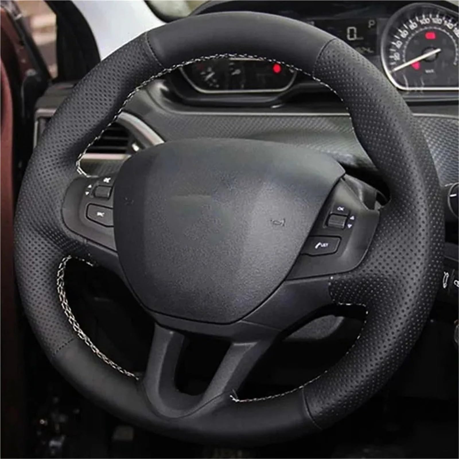 Auto-Lenkradabdeckung Für Peugeot 208 Für Peugeot 2008 Auto-Innenraum Autoprodukte Schwarzes Tragbares Kunstleder-Autozubehör Lenkradbezug Lenkradabdeckung(Black Thread) von DUDUYANG