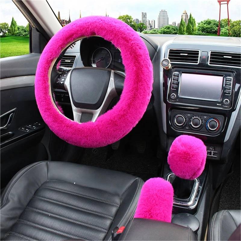 Auto-Lenkradabdeckung Pelz Auto Lenkrad Abdeckung Warme Winter Auto Handbremse Shift Abdeckung DREI-stück Set Lenkrad 38 cm Lenkradabdeckung(Rose red) von DUDUYANG