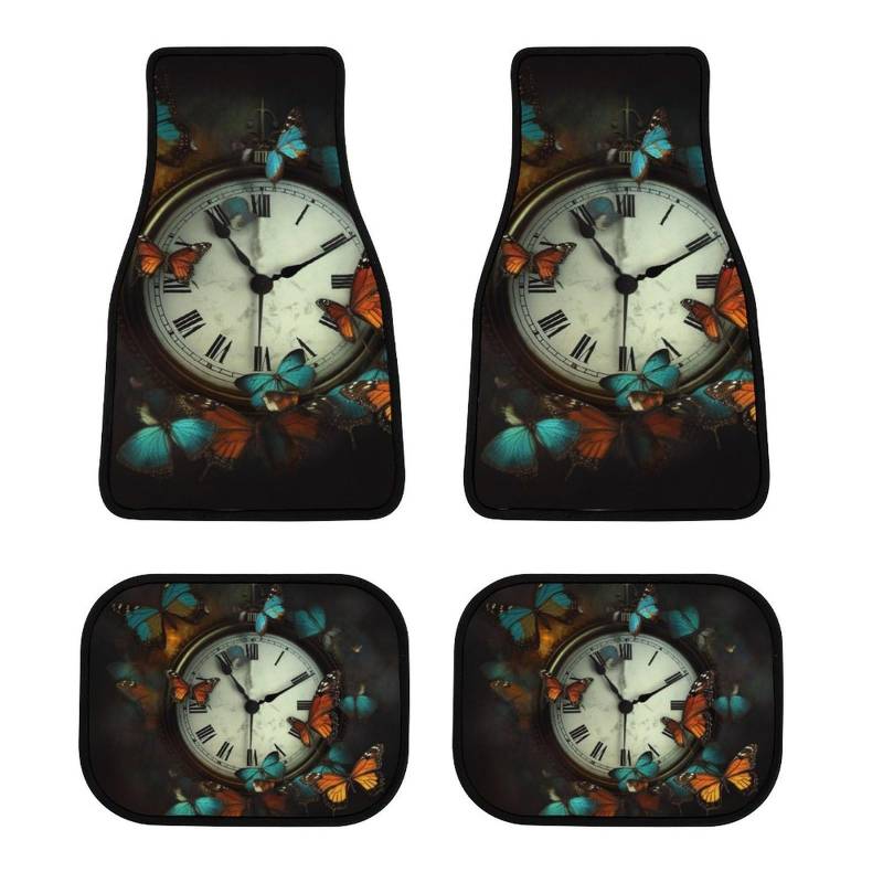 Butterfly Clocks Auto-Fußmatten, stilvolle vierteilige Automatten, rutschfest, Automobil-Fußteppich-Set, Sicherheits-Fersenpolster für Auto-Druck, Allwetter, SUV-Teppich, passend für die meisten Autos von DWVSFJM