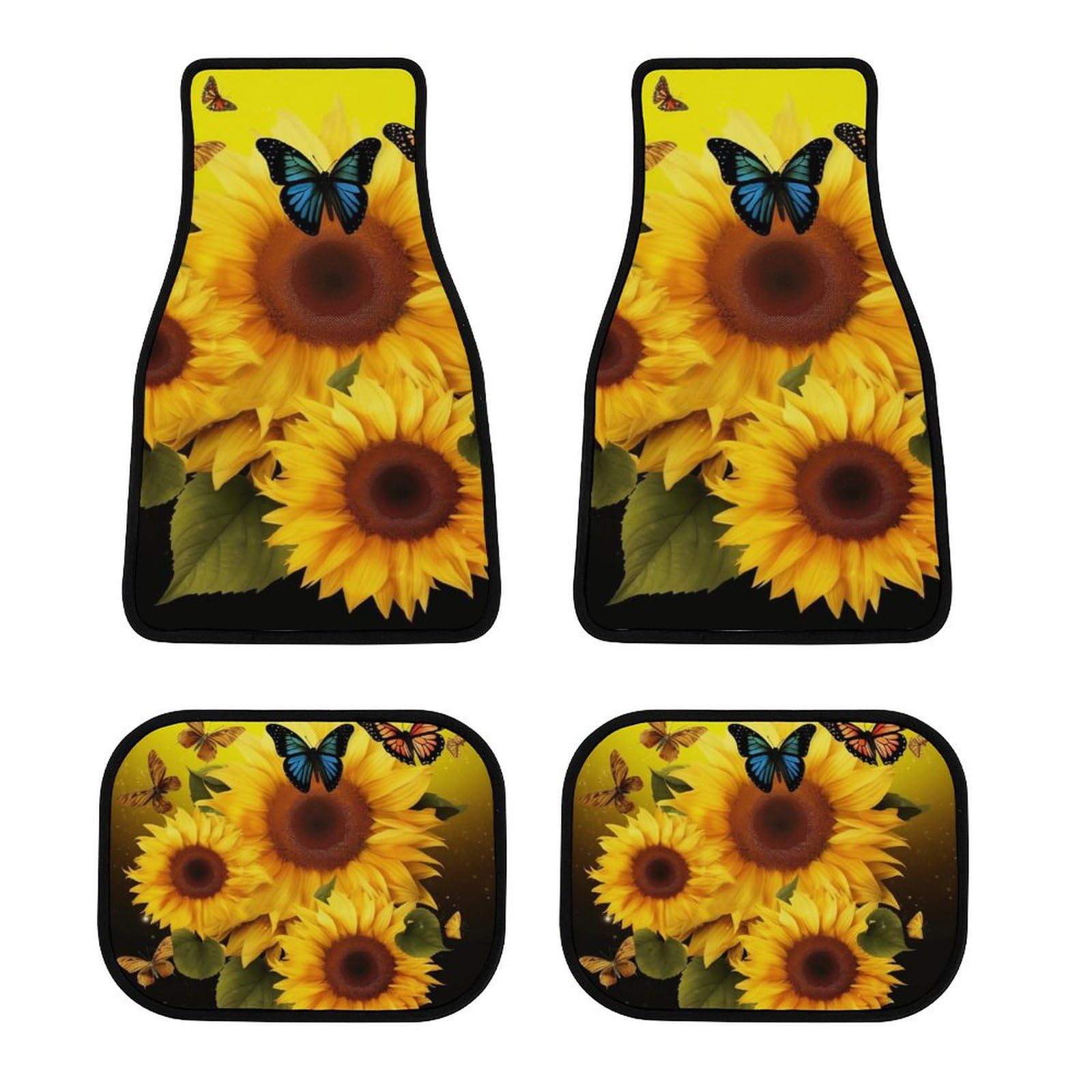 Sunflower Floral Butterflies Art Auto Fußmatten Stilvolle 4-teilige Automatten Rutschfest Automotive Fußmatten Set Sicherheit Fersenpolster für Auto Druck Allwetter SUV Teppich passend für die meisten von DWVSFJM