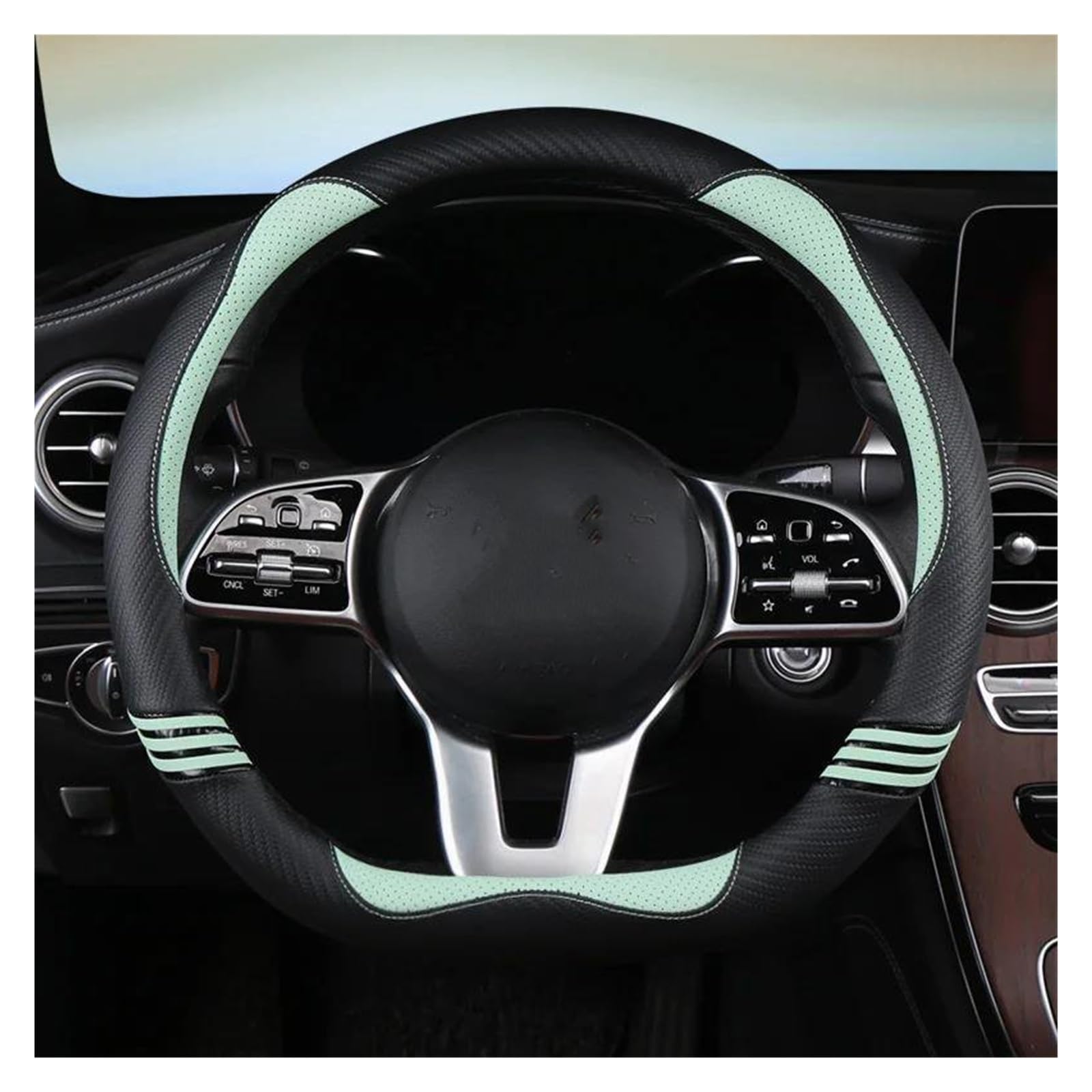 Steering Wheel Cover 38 cm Für Benz Für AMG Für AC Für CLA Für E Für GLA Für GLC Für GLE S Für B Für CLS Carbon Faser Synthetisches Material Auto Lenkrad Abdeckung(Green O Shape) von DWYYJJ