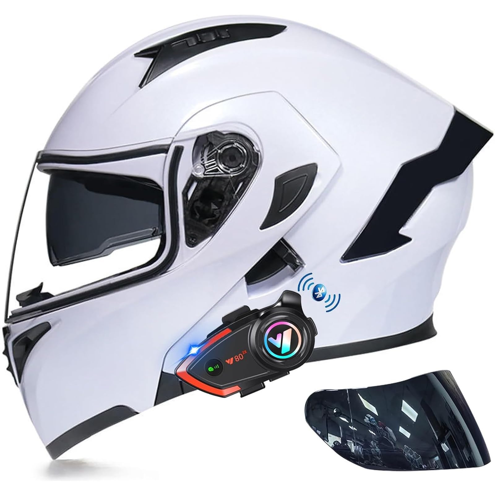 DXDRT Bluetooth Modularer Motorradhelm, Flip Up Dual Visor Full Face Integrierter Helm Wasserdicht Bluetooth Unterstützung Zwei-Personen-Sprechanlage für Erwachsene Männer Frauen,Weiß,M von DXDRT