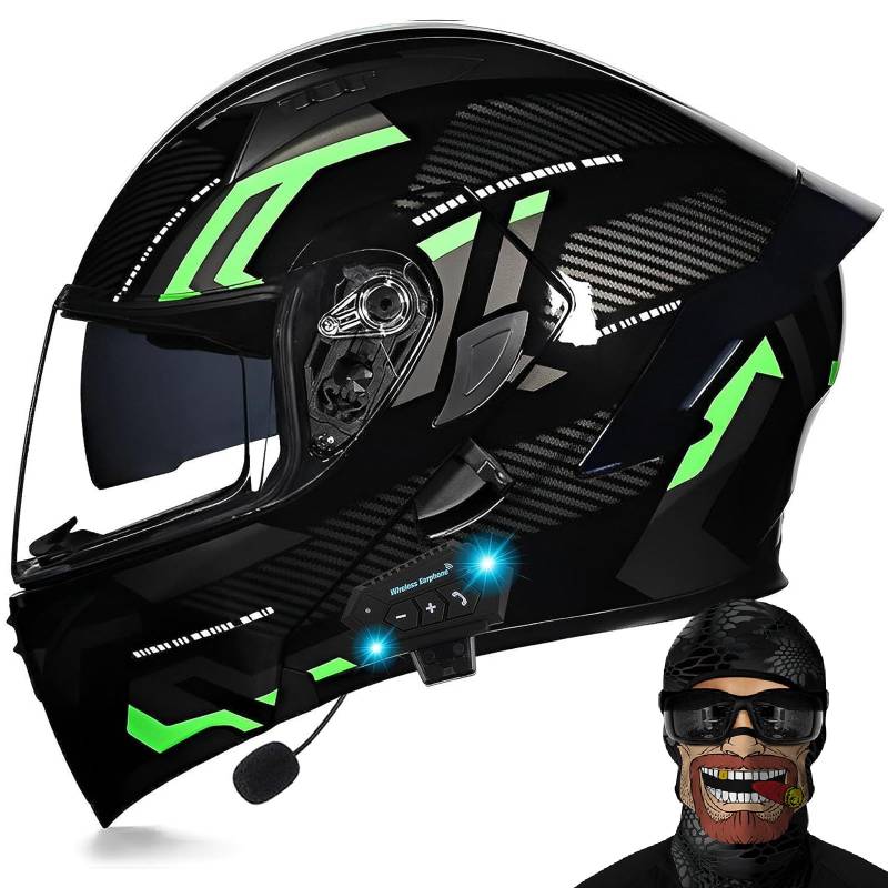 DXDRT Bluetooth Motorrad Flip Up Fronthelm DOT/ ECE Genehmigt Motorrad Modular Full Face Helm HD Dual Sonnenblende Motorrad Helm Eingebaute Dual Lautsprecher Mit Mikrofon,Grün,M von DXDRT