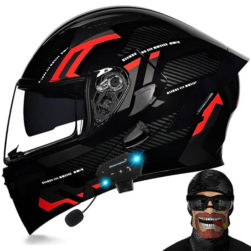 DXDRT Bluetooth Motorrad Flip Up Fronthelm DOT/ ECE Genehmigt Motorrad Modular Full Face Helm HD Dual Sonnenblende Motorrad Helm Eingebaute Dual Lautsprecher Mit Mikrofon,Rot,M von DXDRT