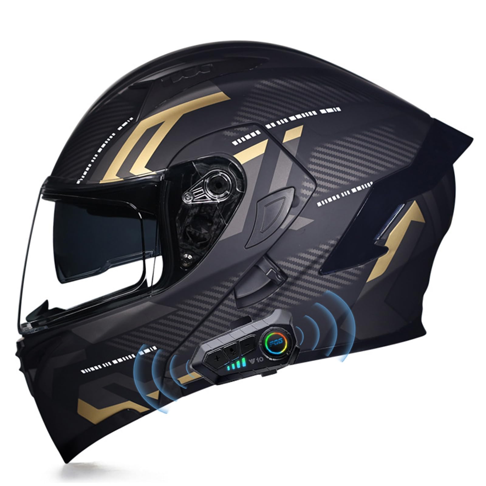 DXDRT Bluetooth Motorrad Modular Flip Up Full Face Dual Visors Street Bike Racing Helme DOT/ ECE Zertifizierung mit Lautsprecher Headset Mikrofon für automatische Beantwortung,Gold,L von DXDRT