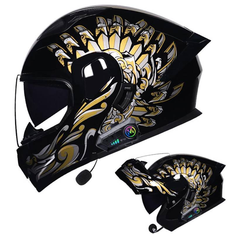 DXDRT Bluetooth Motorrad Modular Helm DOT/ ECE Genehmigt Dual Visor Full Face Flip Up Motorrad Helme Eingebaute Dual Lautsprecher Mikrofon Für Erwachsene Männer Frauen,Gold,L 57~58cm von DXDRT