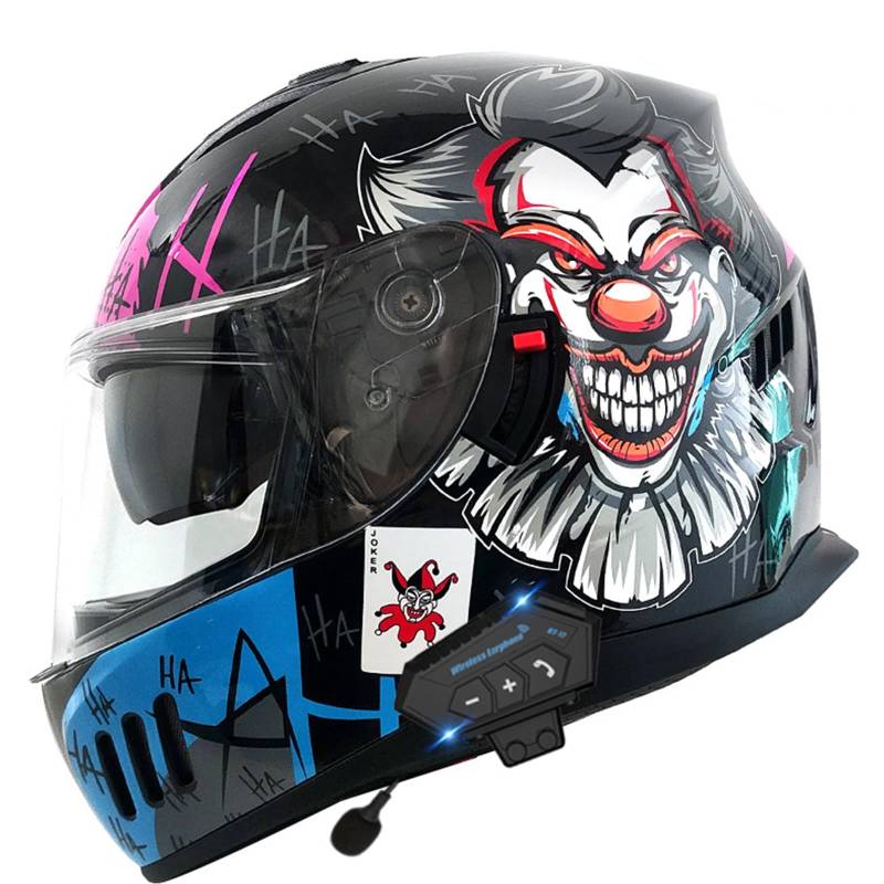 DXDRT Bluetooth-Motorradhelm, Integralhelm, Antibeschlag-Doppelvisier, Straßenfahrradhelm, Eingebauter Doppellautsprecher mit Mikrofon, Verschiedene Fahrten,Joker a,XL61~62cm von DXDRT