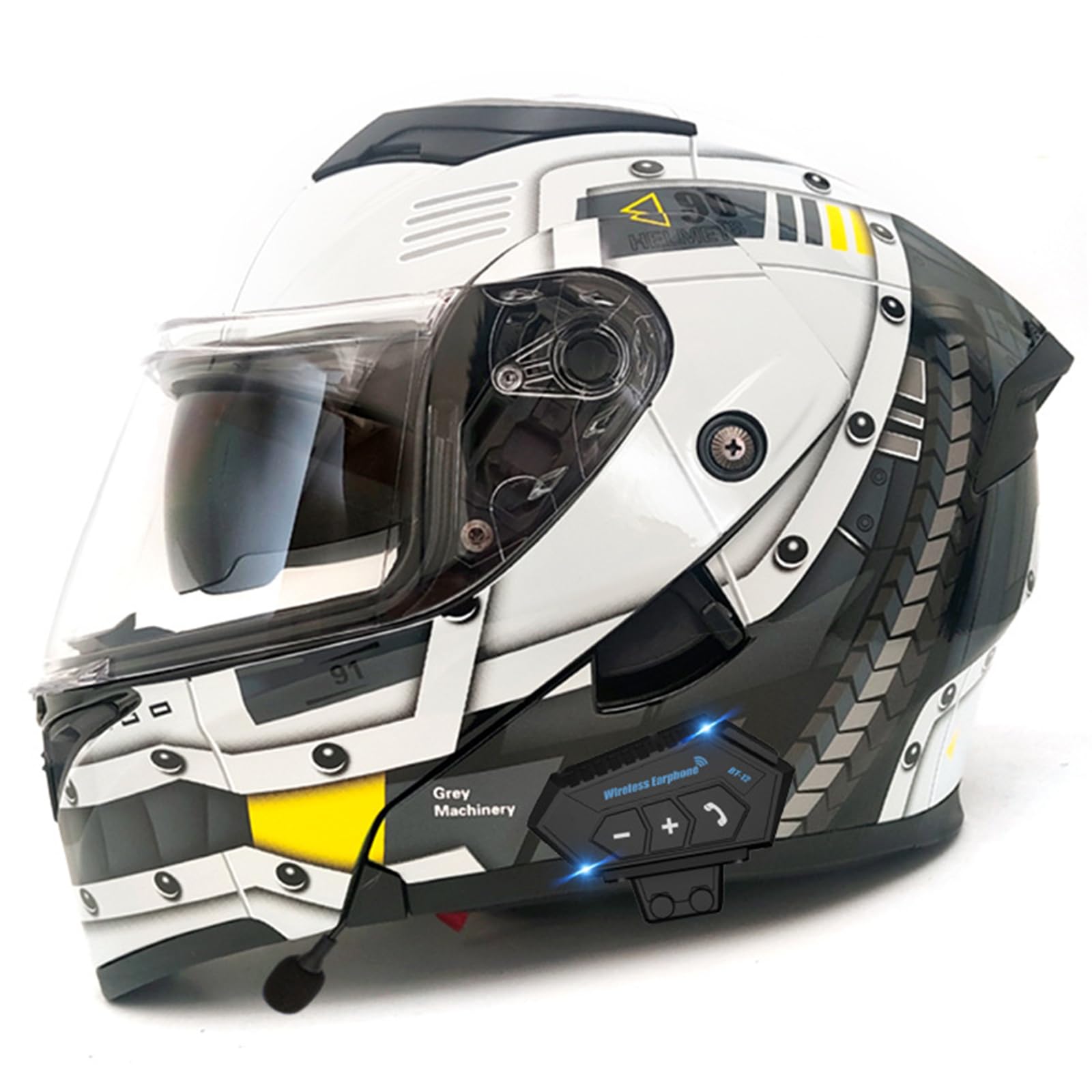 DXDRT Modularer Bluetooth-Motorradhelm DOT/ECE-geprüft Flipp Up Vollgesicht Anti-Fog Doppelvisier Helm Street Bike Helm Eingebauter Doppellautsprecher mit Mikrofon,White mech a,61~62cm von DXDRT