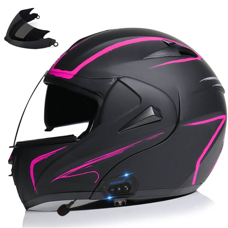 DXDRT Modularer Motorradhelm mit Bluetooth, DOT/ ECE Genehmigt Dual Visor Full Face Flip Up Bluetooth Integrierte Motorrad Street Bike Helme für Erwachsene Männer Frauen,Rosa,M 57~58CM von DXDRT