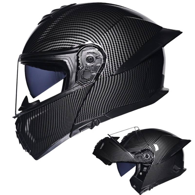 DXDRT Motorrad Street Bike Racing Helm mit Schwanz Full Face Modular Motorradhelm für Moped Scooter DOT/ ECE Genehmigt Integrierte Helm Flip Up Front Dual Visors Helm,Carbon Fiber,L von DXDRT