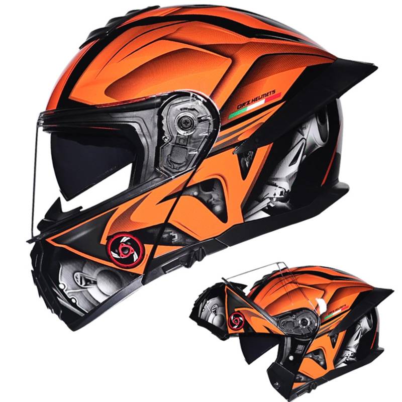 DXDRT Motorrad Street Bike Racing Helm mit Schwanz Full Face Modular Motorradhelm für Moped Scooter DOT/ ECE Genehmigt Integrierte Helm Flip Up Front Dual Visors Helm,Orange,XL von DXDRT