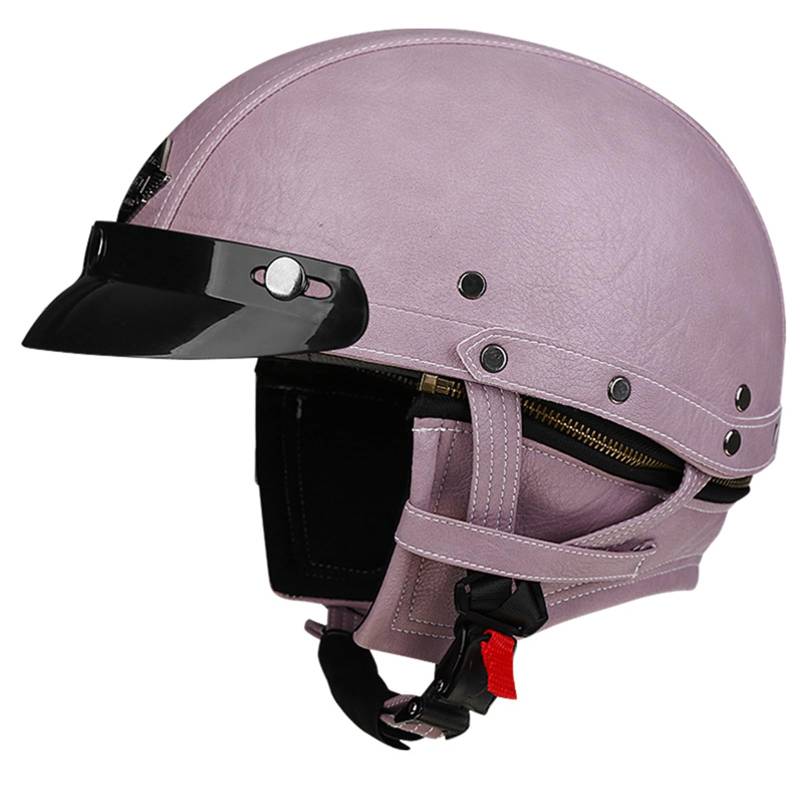 DXDRT Retro Deutsch Leder Halbgesicht Helm Open Face Motorrad Helm Sonnenblende DOT/ ECE Genehmigt Deutsch Stil Halbhelm Männer Frauen Sommer Roller Moped Cap Straße Motorradhelm,Lila,M von DXDRT