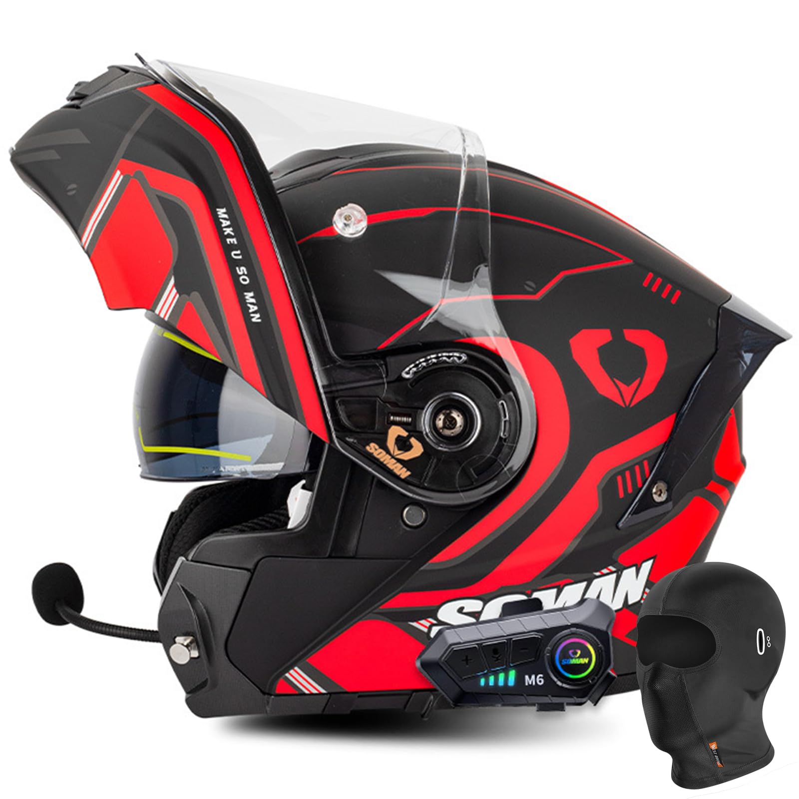 Eingebautes Bluetooth Modularer Motorradhelm, Flip Up Front Full Face Helm Dual Visor Hands-Free Call Dual Lautsprecher Mit Mikrofon Für Erwachsene Männer Frauen,Red Black,XXL von DXDRT