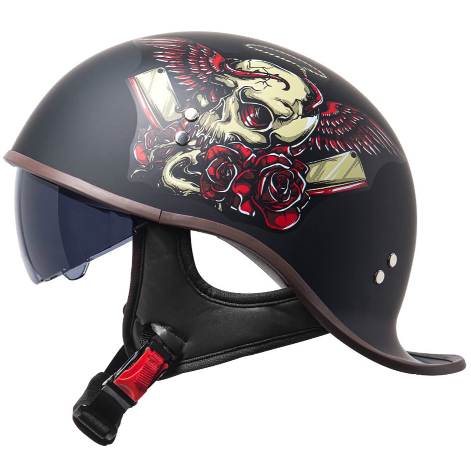 Motorrad Retro Halbgesicht Helm Erwachsene Männer Frauen Vintage Deutsche Stil Offenes Gesicht Totenkopf Kappe Helme Für Roller Moped ATV Motorrad Baseballkappe Mit Visierbrille,Rose,L von DXDRT