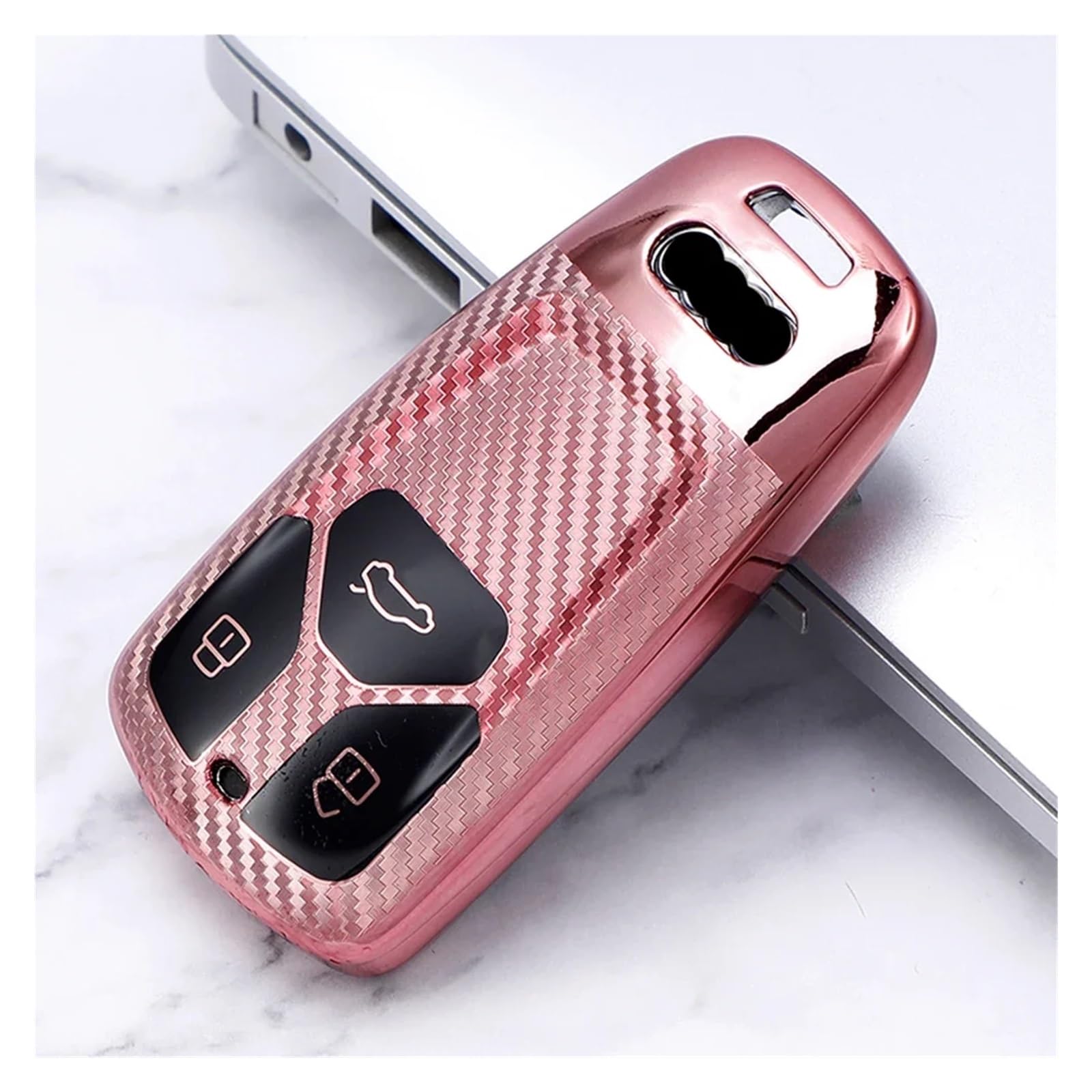 Autoschlüssel Gehäuse Für A4 B9 Q5 Q7 TT TTS 8S Schlüsselschutz Zubehör TPU Carbon Fiber Car Remote Key Case Cover Halter Schlüsselanhänger Ring(Pink Key case) von DXLSAEU