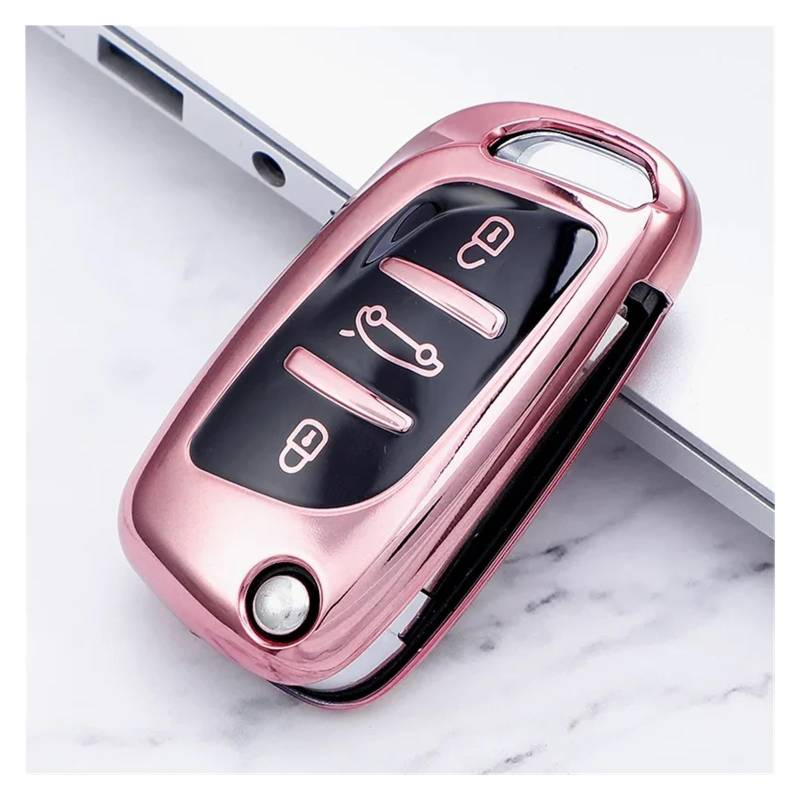 Autoschlüssel Gehäuse Für Peugeot Für Citroen C1 C2 C3 C4 C5 DS3 DS4 DS5 DS6 Auto Schlüssel Shell Zubehör Weiche TPU 3 Taste Auto Falten Schlüssel Fall Volle Abdeckung(Pink) von DXLSAEU